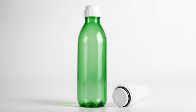 白い背景に隔離された白いキャップを持つ緑色の水のボトル