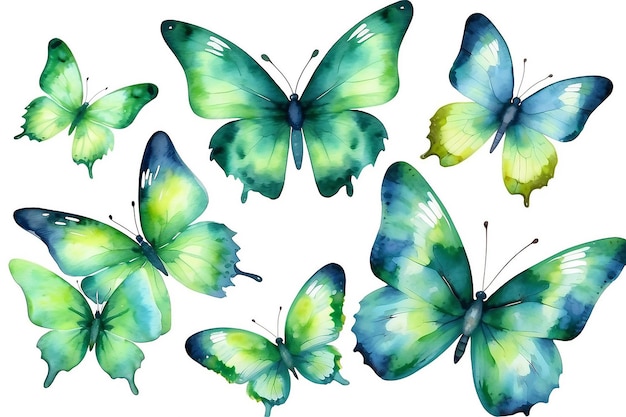 green watercolor butterflies isolated on a white background