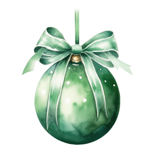 Фото Зеленый акварельный рождественский шар с лентой и луком, изолированным на фоне генеративный ии
