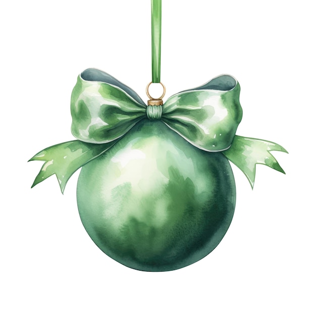 Photo green watercolor christmas ball with ribbon and a bow isolated on background generative ai