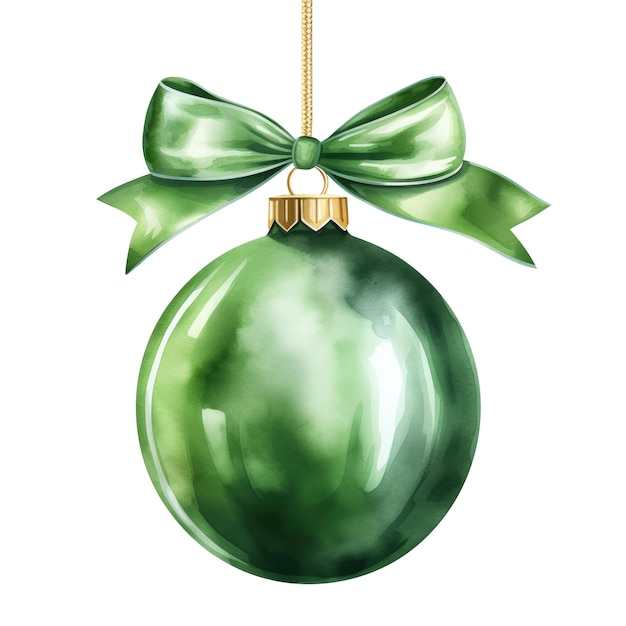 Photo green watercolor christmas ball with ribbon and a bow isolated on background generative ai