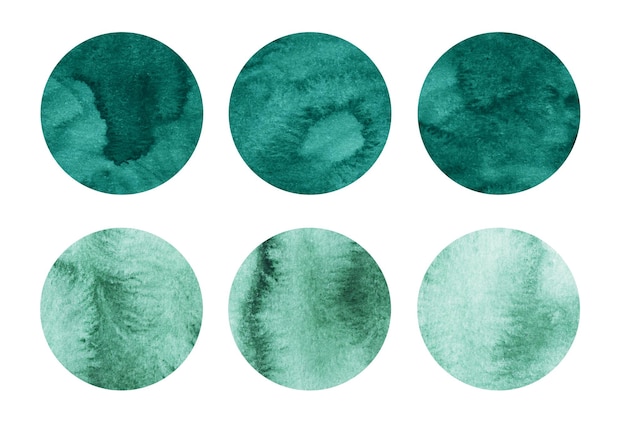 녹색 수채화 원 세트 에메랄드 수채화 패턴 흰색 배경에 녹색 둥근 기하학적 모양 종이 질감에 해당 얼룩 디자인을 위한 추상 미술 템플릿
