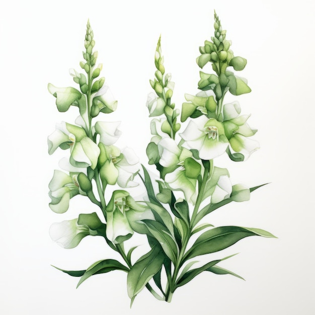 Green Watercolor Painting Illustration Of Foxglove With Monochromatic Symmetry