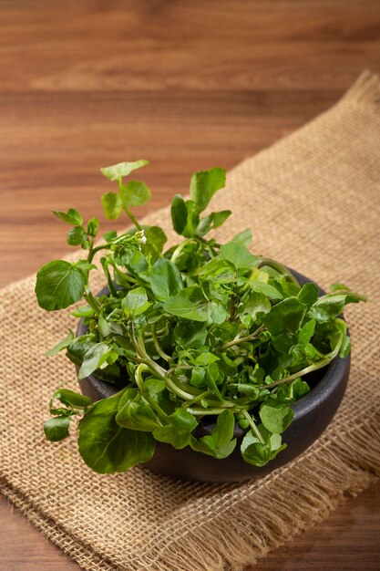 Green watercress in bowl on the table