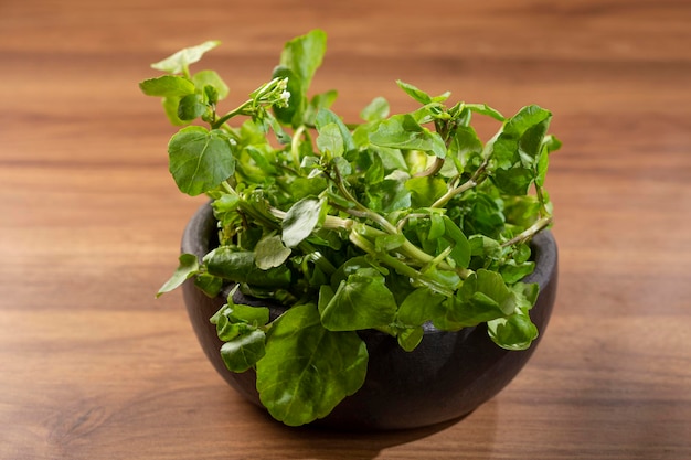 Green watercress in bowl on the table