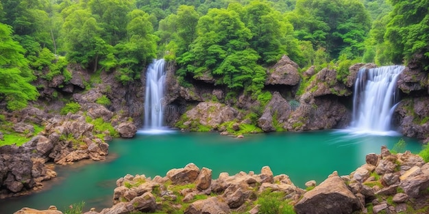 A green waterfall in the forest with a green pool in the foreground