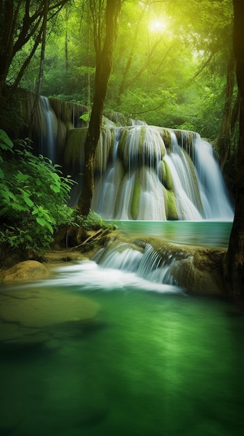 Foto una cascata verde nella foresta