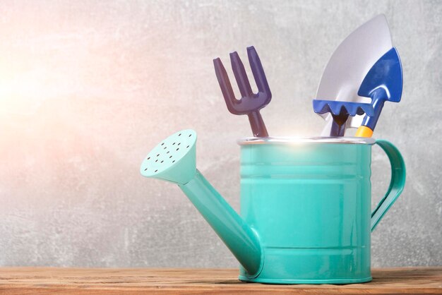 Green watering can and a decorative garden tool bright concrete background illuminated by sunlight