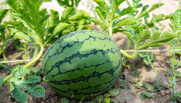 Green watermelon growing in fruit garden organic farm