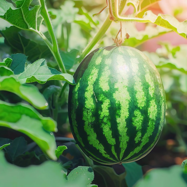 Green watermelon growing in fruit garden organic farm