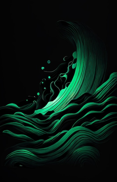Green wave in the ocean with a black background.