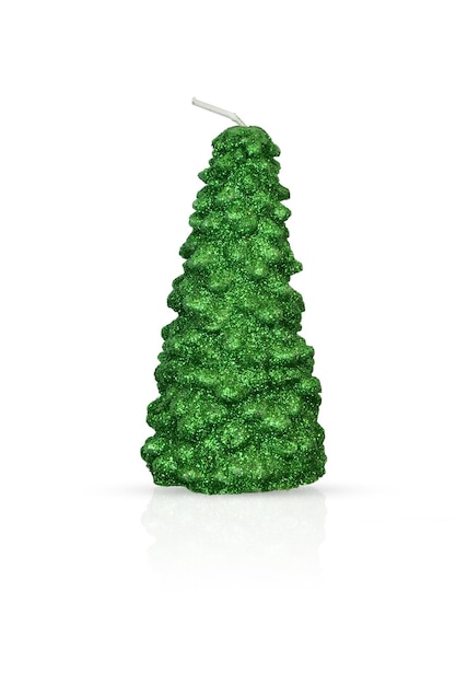 Green wax candle in the shape of a Christmas tree isolated on white background. Decorative spruce.