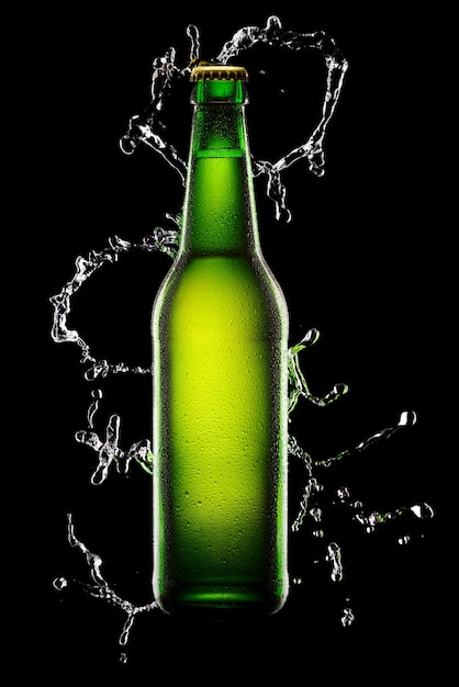 水しぶきと黒の緑の濡れたビール瓶