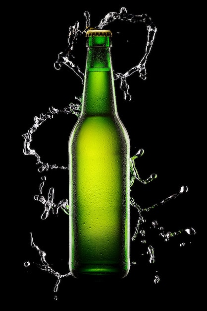 Green wet Bottle of beer on black with water splash