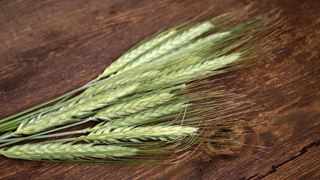 Photo green wheat ears on brown wooden table close up