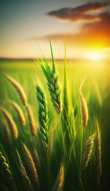 Green wheat field with the sun setting behind it