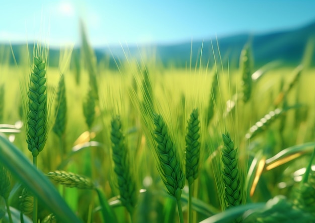 Зеленое пшеничное поле с сияющим на нем солнцем