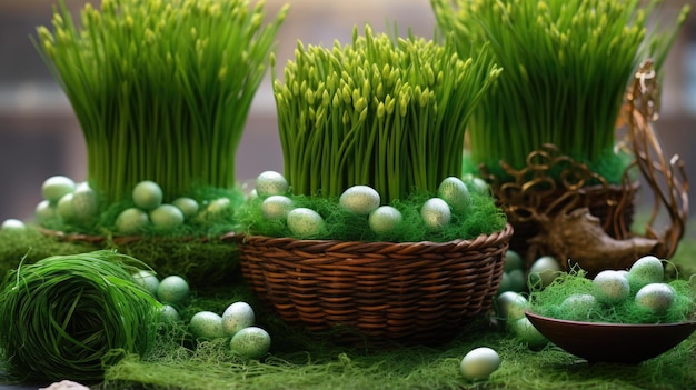 Green wheat growing in a basket with green eggs for Easter The basket is placed on a wooden table covered with green moss