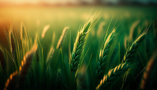 Grano verde campo di grano produzione di prodotti a base di farina spighe di grano verdi spighette di grano primo piano ai generativa