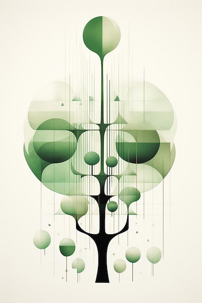 a green and white abstract painting of a tree with many green circles.