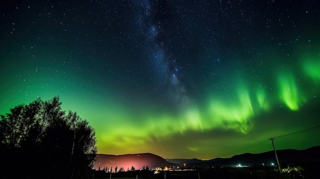 A green and white aurora with the milky way in the sky