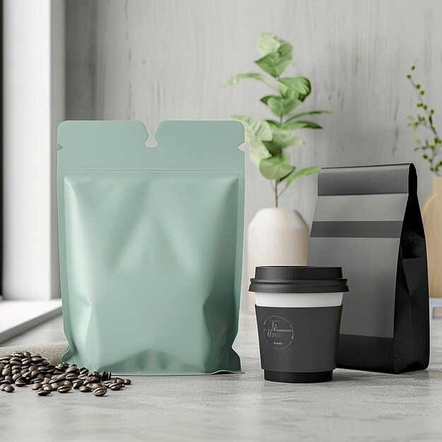 a green and white bag with the word coffee on it