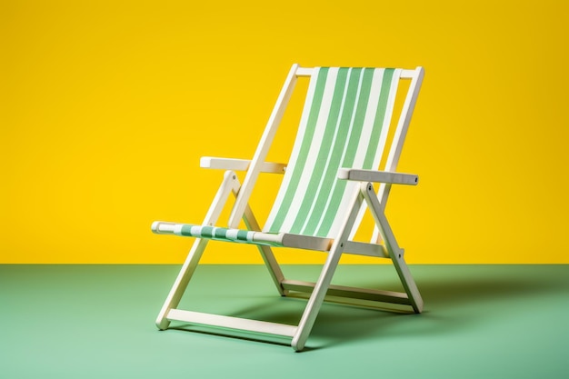 Green and white beach chair on an isolated yellow background generative ai