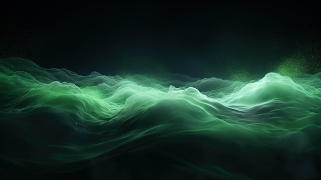 Зеленые и белые биолюминесцентные разноцветные волны частиц на сплошном черном фоне