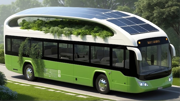 a green and white bus with a solar panel on the roof and a roof planter on the top