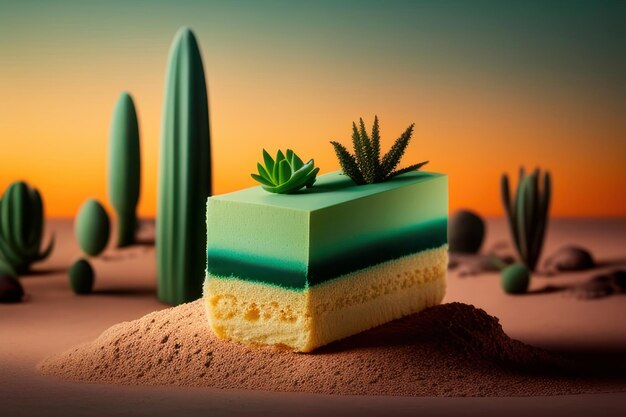 A green and white cake with a cactus on the top.