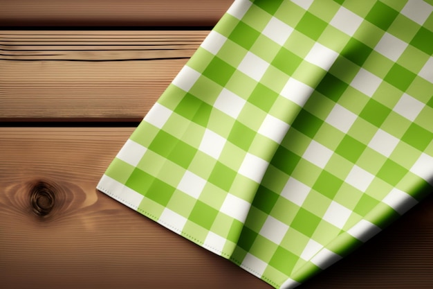 Green and white checkered tablecloth on a wooden table.