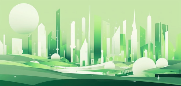 Green and white cityscape with a green background and a white dome.