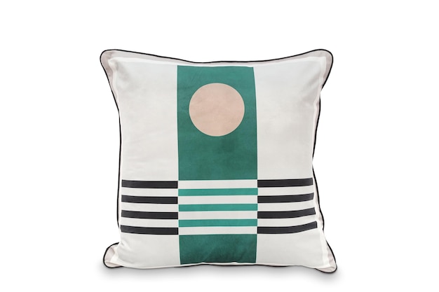 A green and white cushion with a circle in the middle.