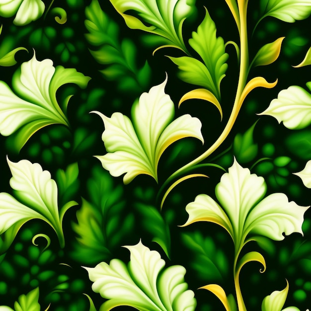 A green and white floral pattern with leaves and flowers.