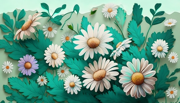 A green and white flower wallpaper with a green background and a white daisy flower.