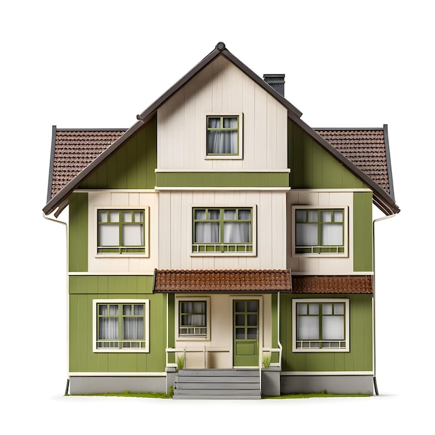 갈색 지붕과 흰색 배경을 가진 녹색과 흰색 집.