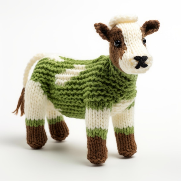 Photo green and white knitted cow on white background