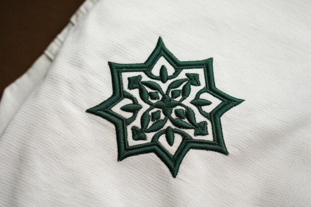 a green and white patch with the word " h " on it.