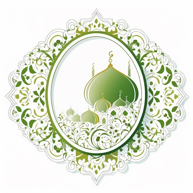 A green and white picture of a mosque with a green background.