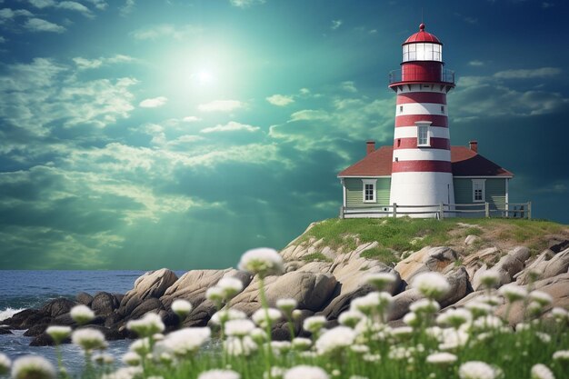 A green and white striped lighthouse with shamrocks