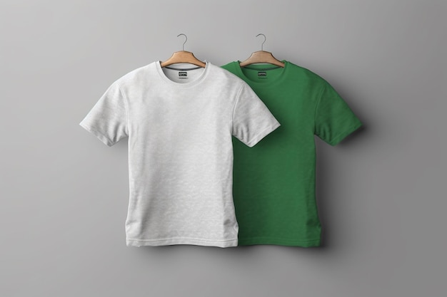 녹색과 흰색 티셔츠가 옷걸이에 걸려 있습니다.