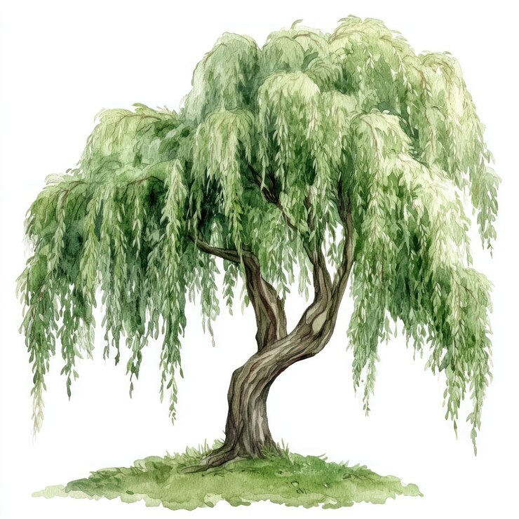 Photo green willow tree illustration watercolor art