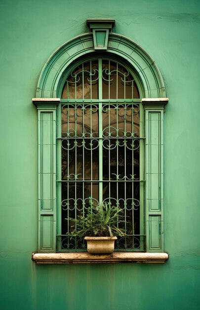 green window with a on it in the style of made of wrought iron