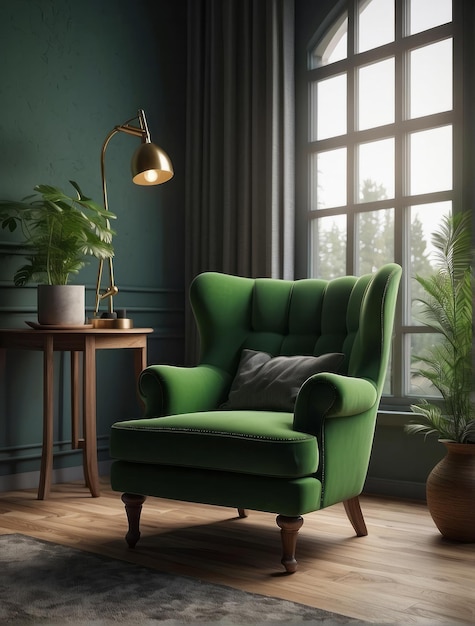 Photo green wingback chair near window classic home interior design of living room