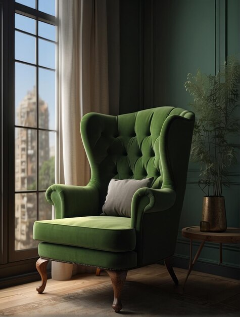 Photo green wingback chair near window classic home interior design of living room