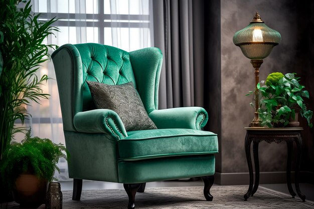 Фото Зеленый стул с крылом возле окна классический дизайн интерьера гостиной идея дизайна