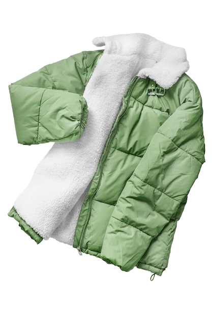 Фото Зеленая зимняя куртка с белым искусственным мехом, изолированным над белым
