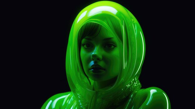 A green woman in a green hood and a hood is standing in front of a black background.