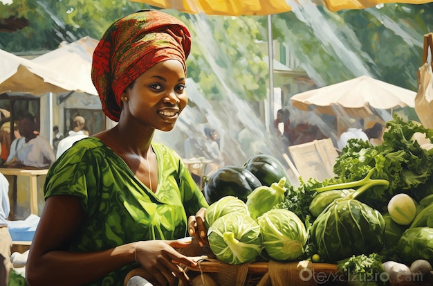 a green woman standing in a market with vegetables in her hands acrylic art print
