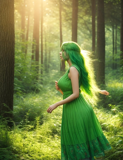 Photo green woman walking in the forest